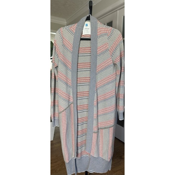 Anthropologie Sparrow Wool Blend Long Cardigan Sweater Gray Red Striped M - Picture 2 of 7